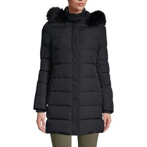 Womens Lands Black Down Puffer Coat  Faux Fur Hood Size S Warm Winter Outerwear